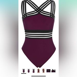 Hilor One Piece Burgundy and Black Swimsuit with Crossover Front Size 12 NWT
